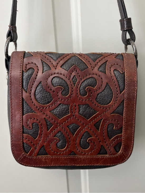 Brighton Handbags - Brighton Brown and Dark-Brown Leather Crossbody with Decorative Cutwork